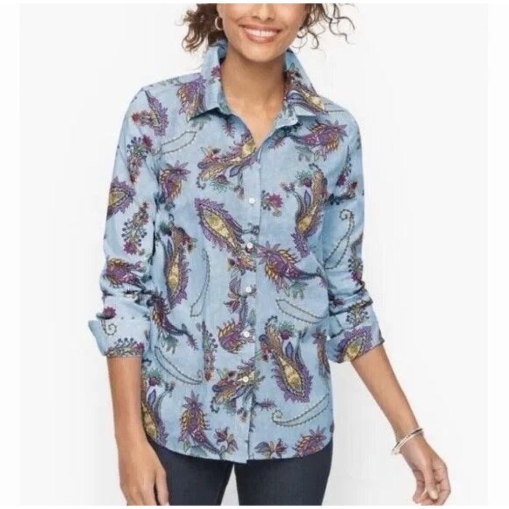 Talbots Button Up Shirt Women's Size SP Blue Floral Paisley Long‎ Sleeve Cotton